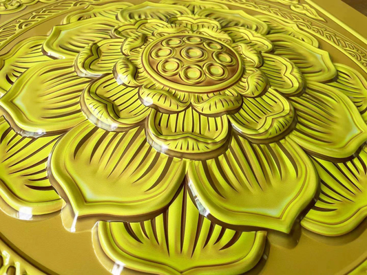 600x600mm Aluminium Metaal Plafond 3D Tempelbord Goudfolie Boeddha Hal Lotus